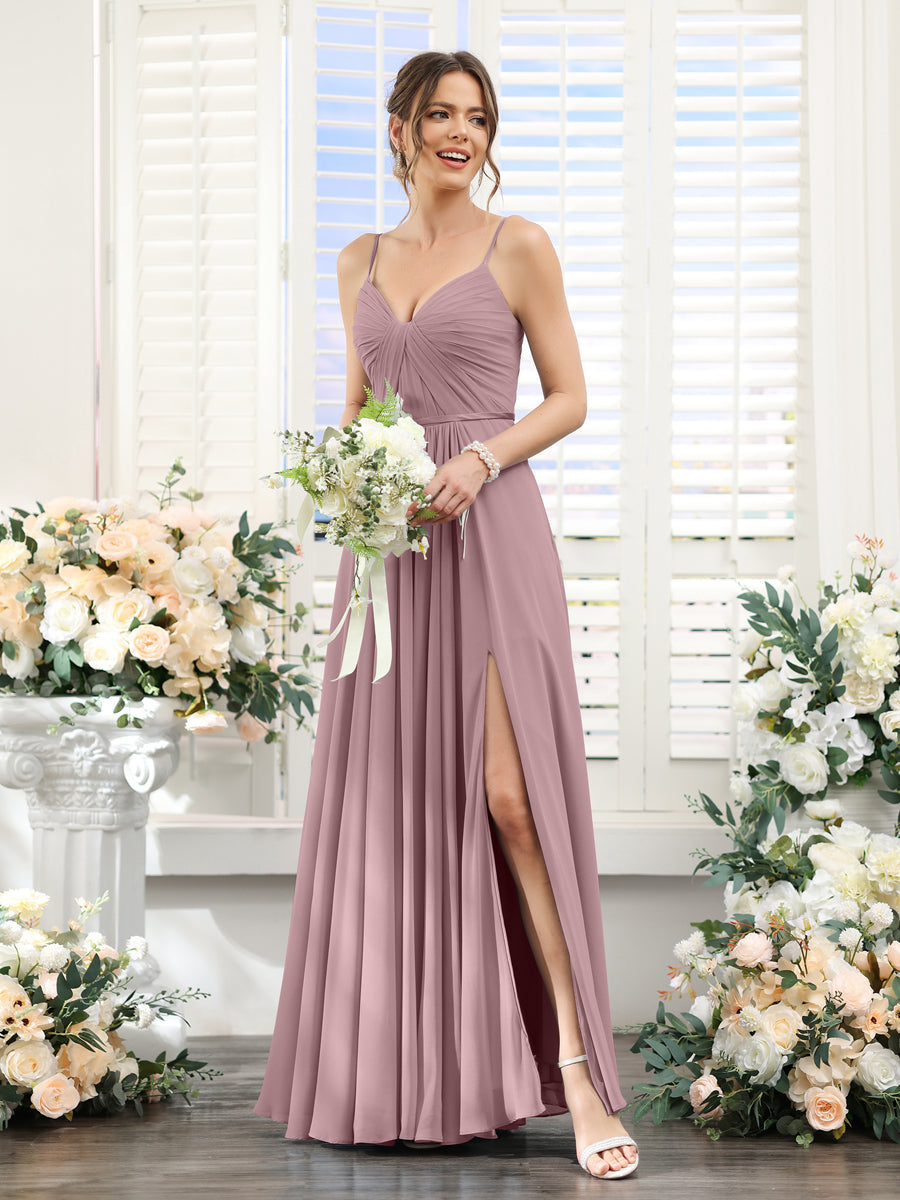 A-Line Ruched V-Neck Spaghetti Straps Split Side Floor-Length Chiffon Bridesmaid Dresses Mauve