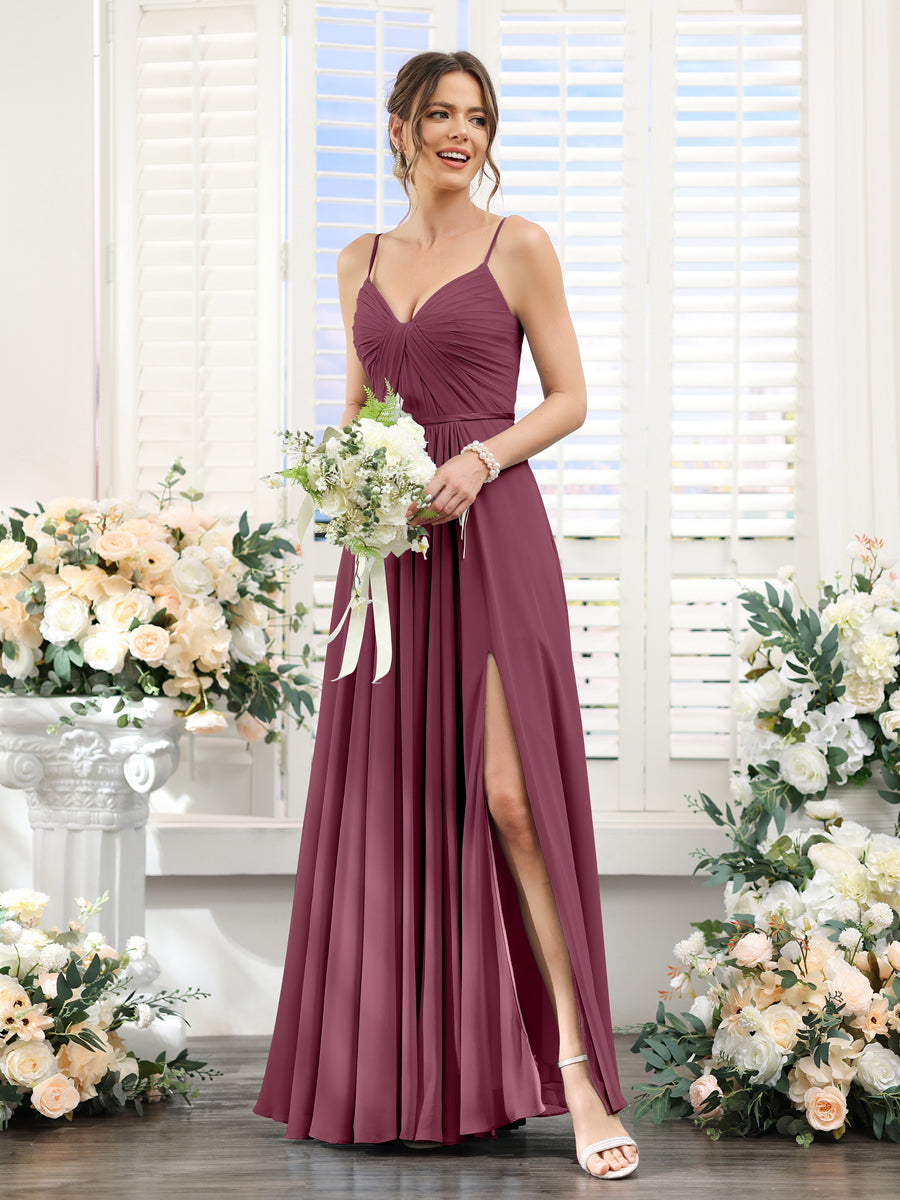 A-Line Ruched V-Neck Spaghetti Straps Split Side Floor-Length Chiffon Bridesmaid Dresses Mulberry