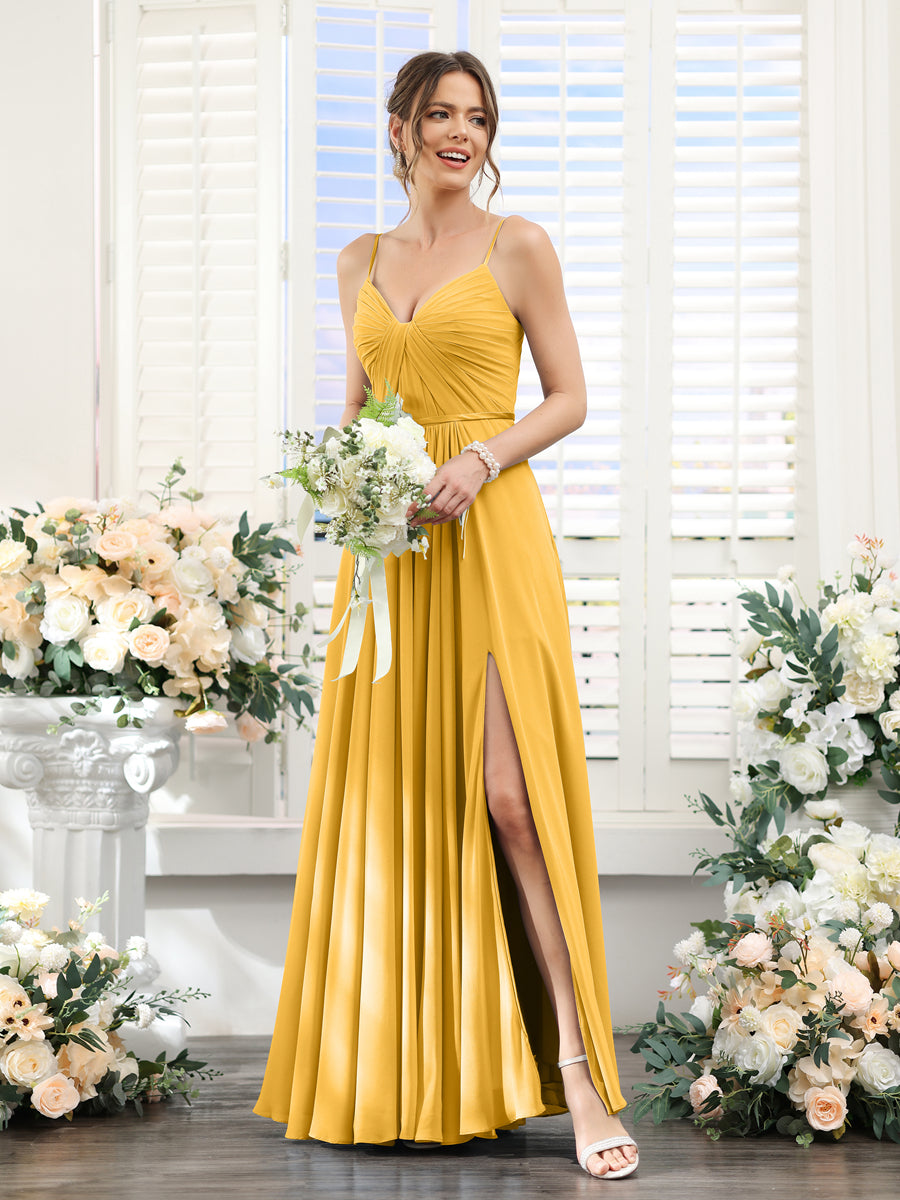 A-Line Ruched V-Neck Spaghetti Straps Split Side Floor-Length Chiffon Bridesmaid Dresses Mustard Yellow