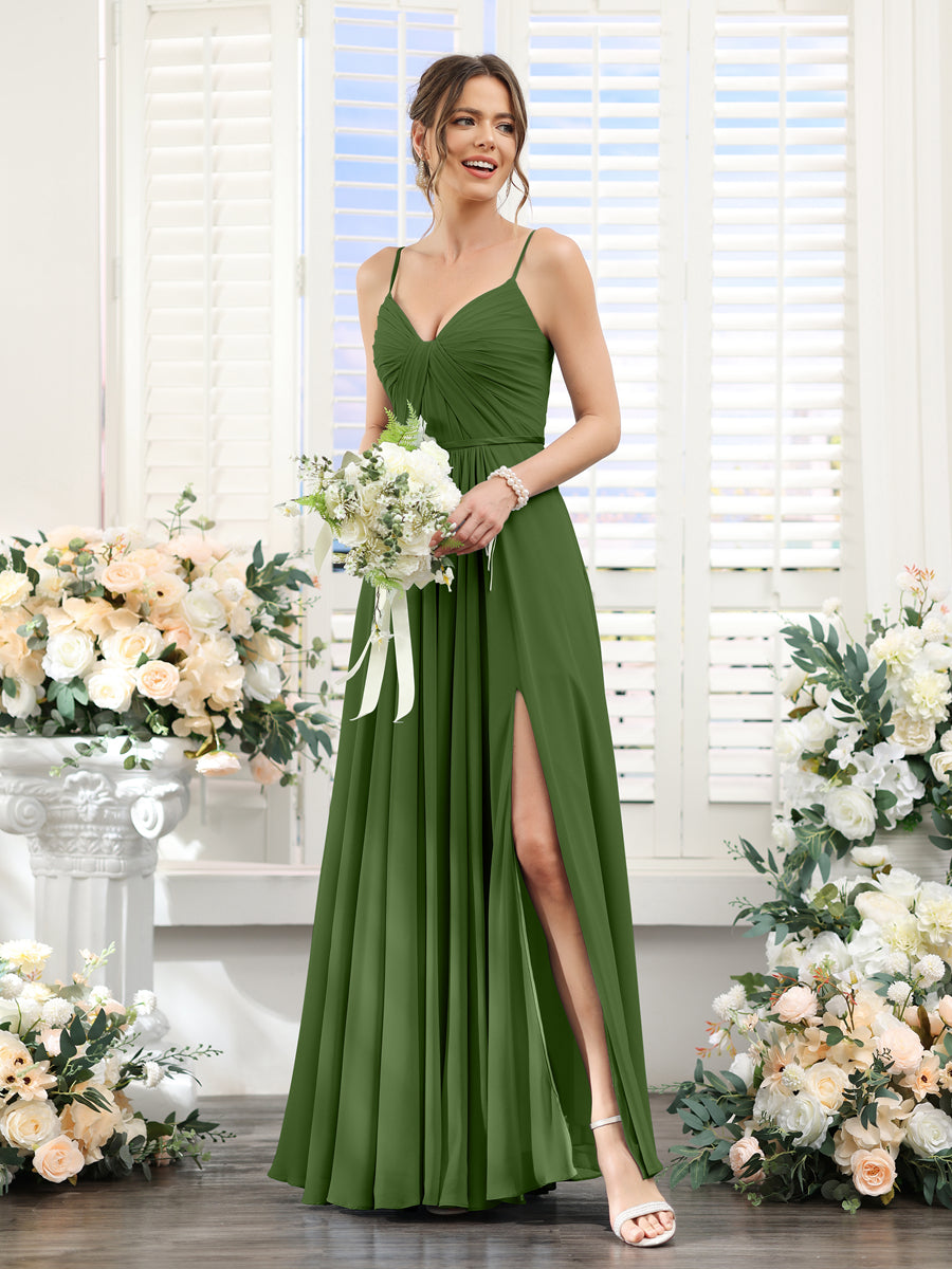 A-Line Ruched V-Neck Spaghetti Straps Split Side Floor-Length Chiffon Bridesmaid Dresses Olive Green