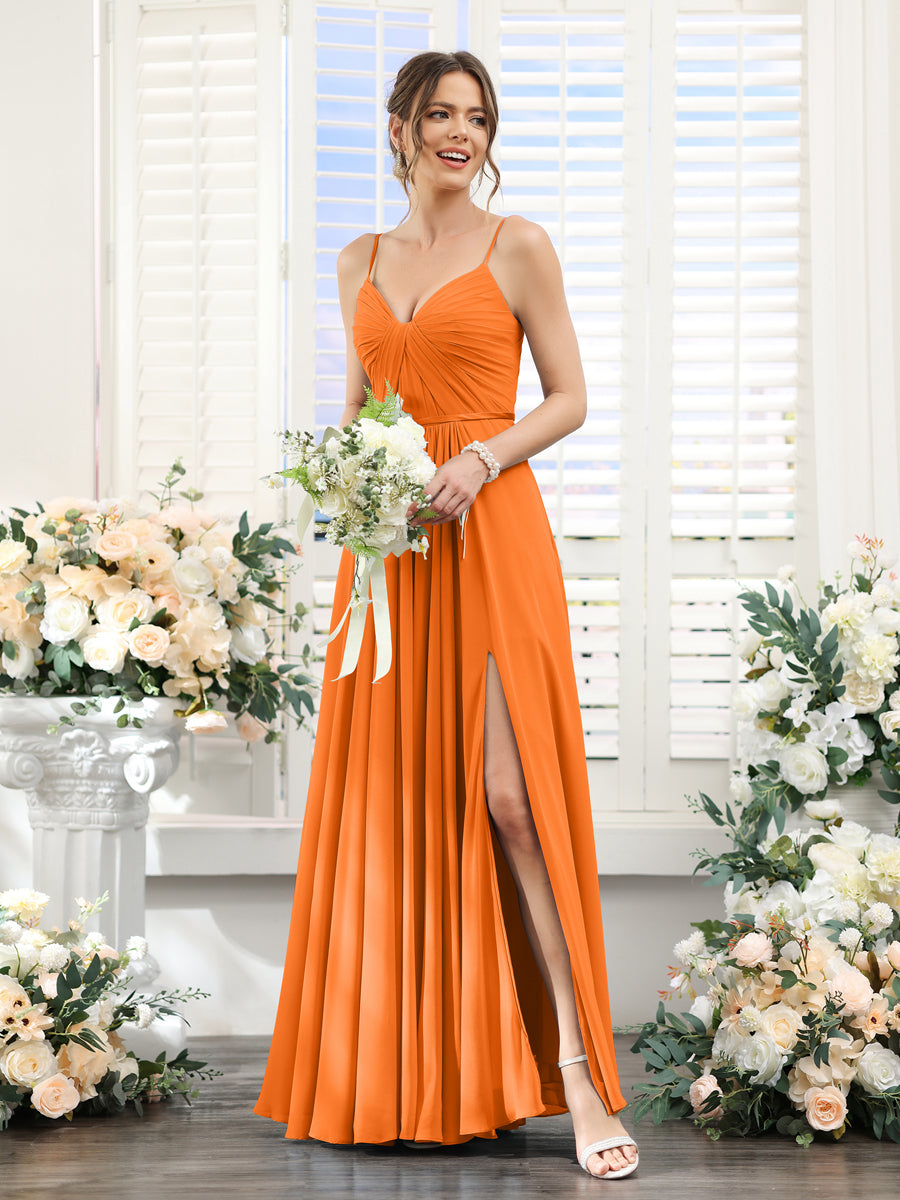 A-Line Ruched V-Neck Spaghetti Straps Split Side Floor-Length Chiffon Bridesmaid Dresses Orange