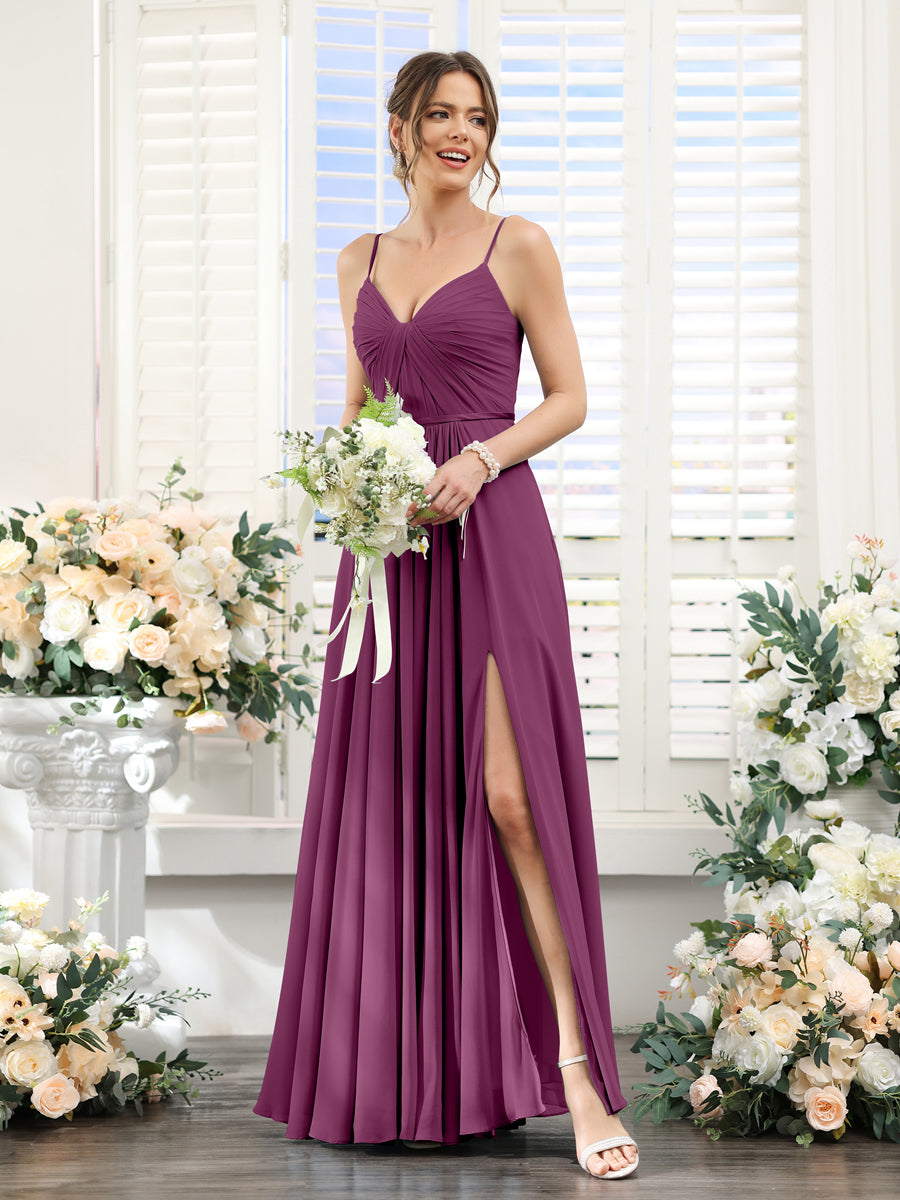 A-Line Ruched V-Neck Spaghetti Straps Split Side Floor-Length Chiffon Bridesmaid Dresses Orchid