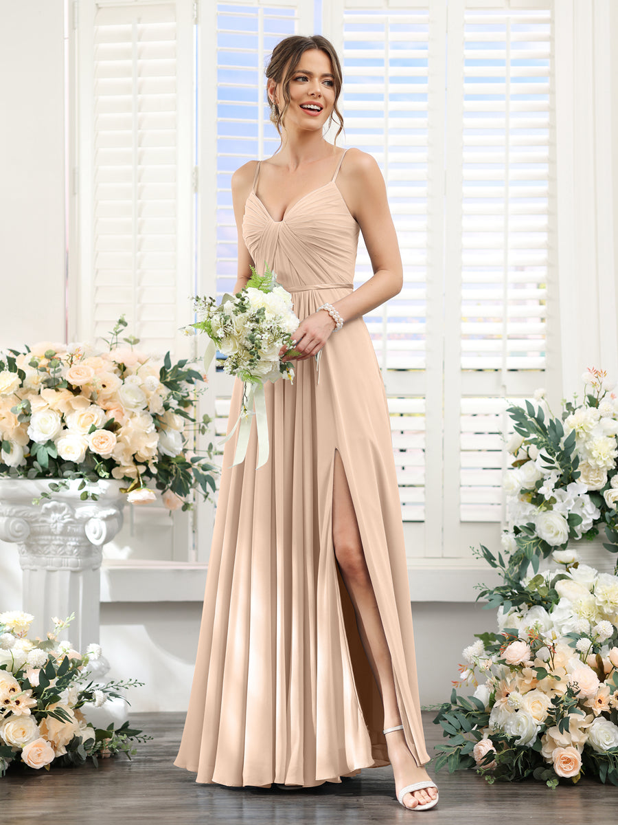 A-Line Ruched V-Neck Spaghetti Straps Split Side Floor-Length Chiffon Bridesmaid Dresses Peach Pink