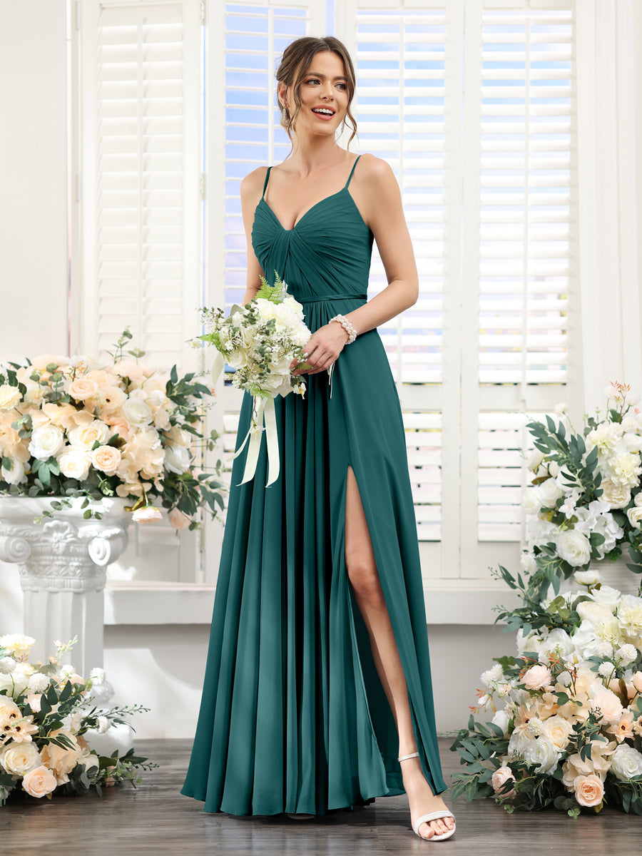 A-Line Ruched V-Neck Spaghetti Straps Split Side Floor-Length Chiffon Bridesmaid Dresses Peacock