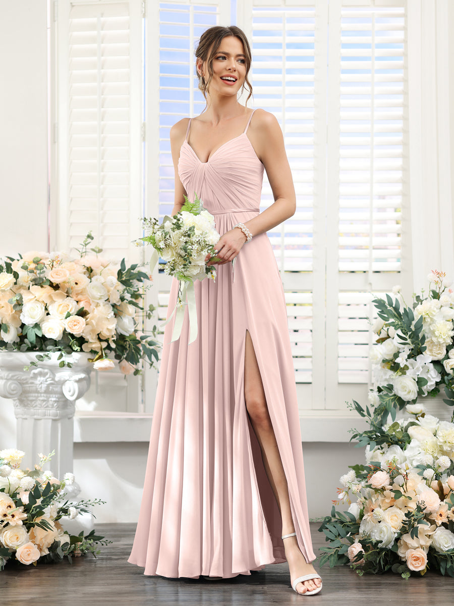 A-Line Ruched V-Neck Spaghetti Straps Split Side Floor-Length Chiffon Bridesmaid Dresses Pearl Pink