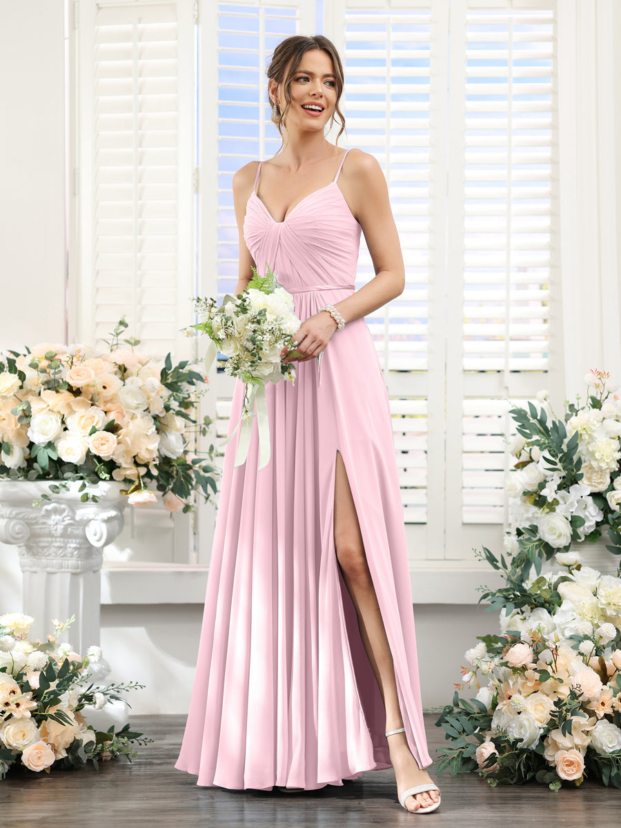 A-Line Ruched V-Neck Spaghetti Straps Split Side Floor-Length Chiffon Bridesmaid Dresses Pink