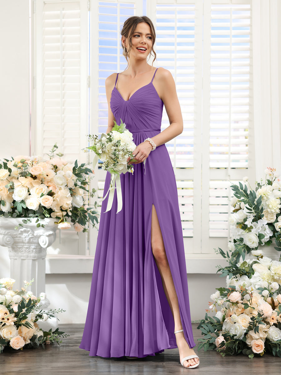 A-Line Ruched V-Neck Spaghetti Straps Split Side Floor-Length Chiffon Bridesmaid Dresses Purple