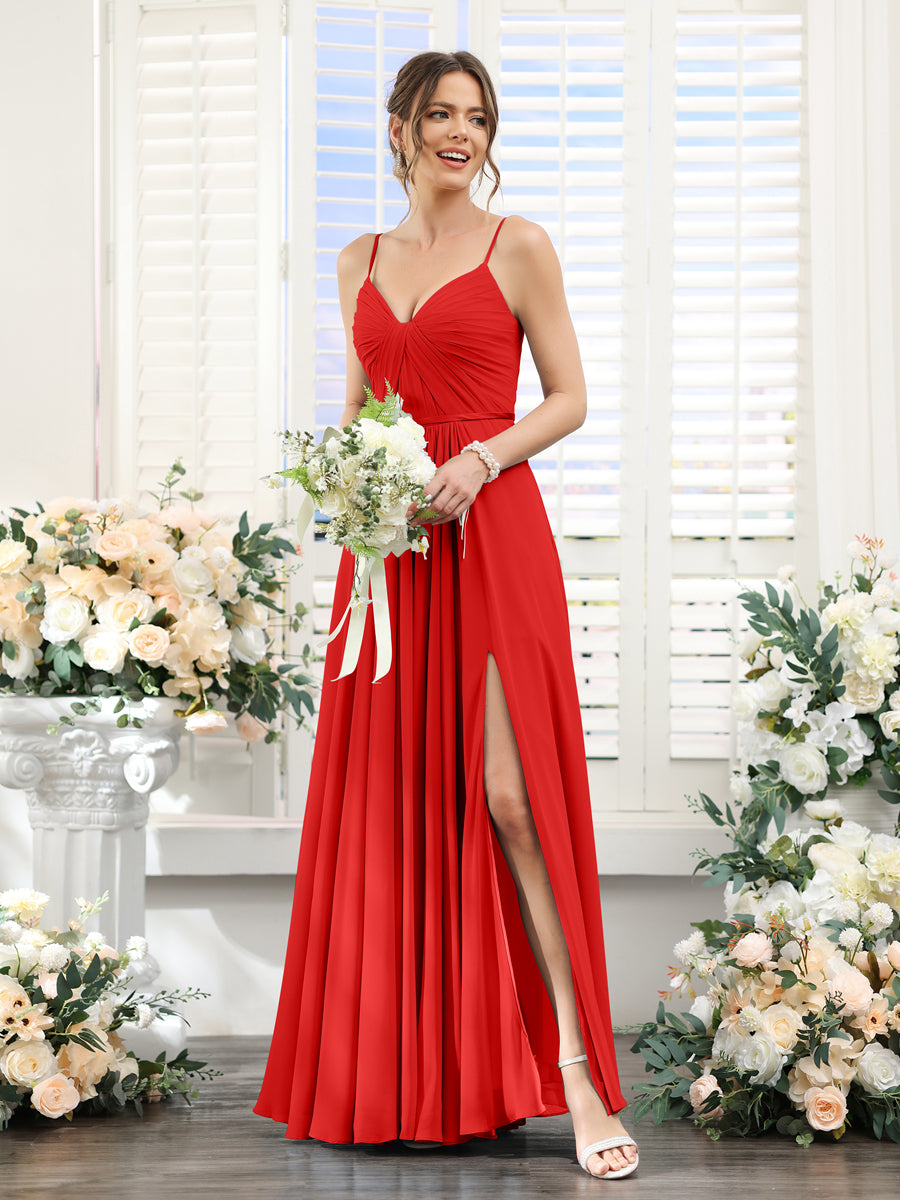 A-Line Ruched V-Neck Spaghetti Straps Split Side Floor-Length Chiffon Bridesmaid Dresses Red