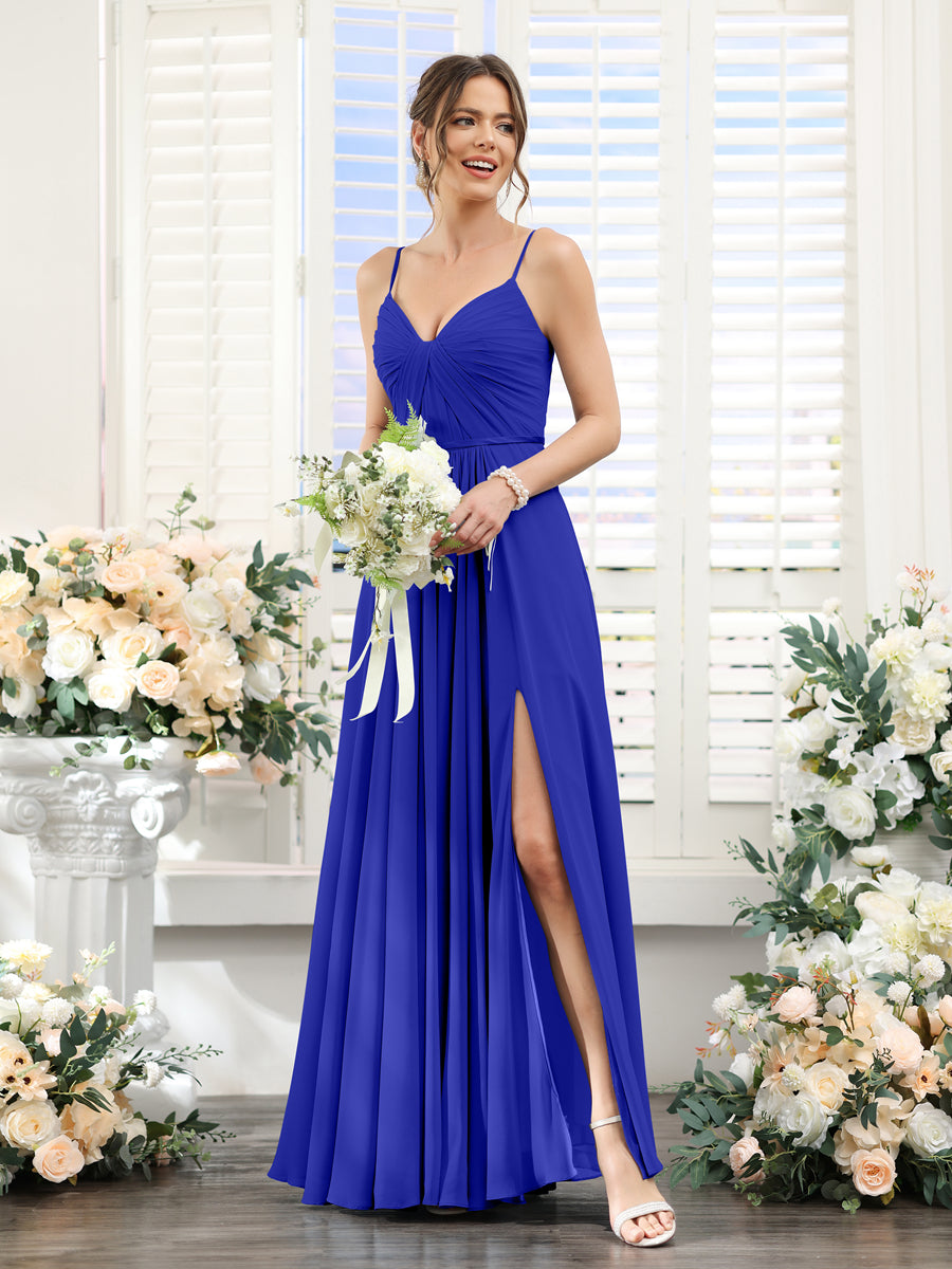 A-Line Ruched V-Neck Spaghetti Straps Split Side Floor-Length Chiffon Bridesmaid Dresses Royal Blue