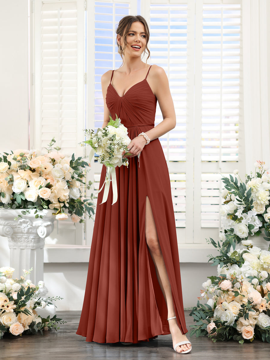 A-Line Ruched V-Neck Spaghetti Straps Split Side Floor-Length Chiffon Bridesmaid Dresses Rust