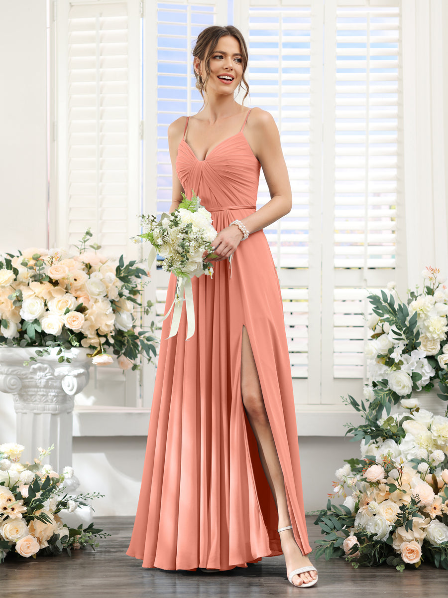 A-Line Ruched V-Neck Spaghetti Straps Split Side Floor-Length Chiffon Bridesmaid Dresses Salmon