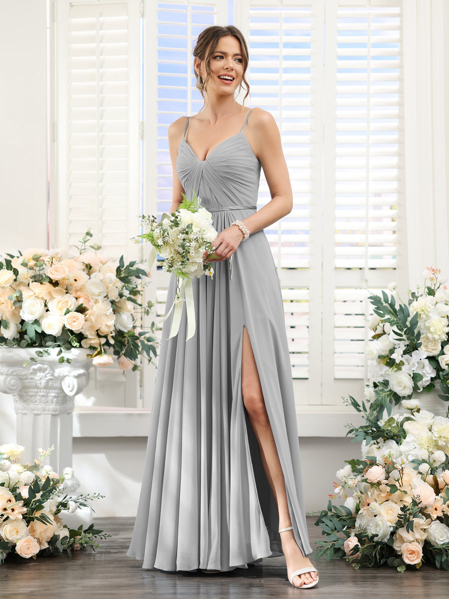 A-Line Ruched V-Neck Spaghetti Straps Split Side Floor-Length Chiffon Bridesmaid Dresses Silver