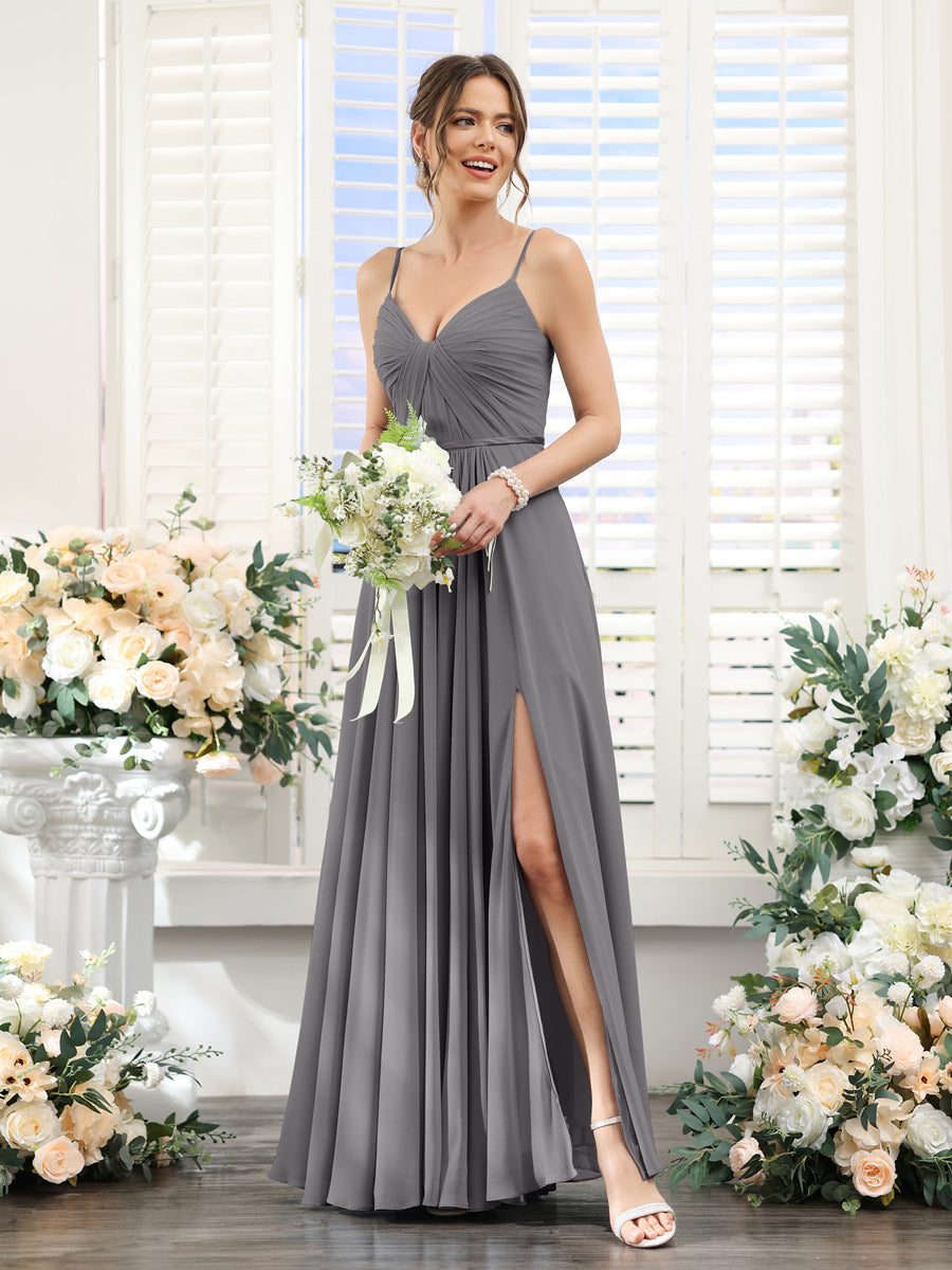 A-Line Ruched V-Neck Spaghetti Straps Split Side Floor-Length Chiffon Bridesmaid Dresses Silver Gray