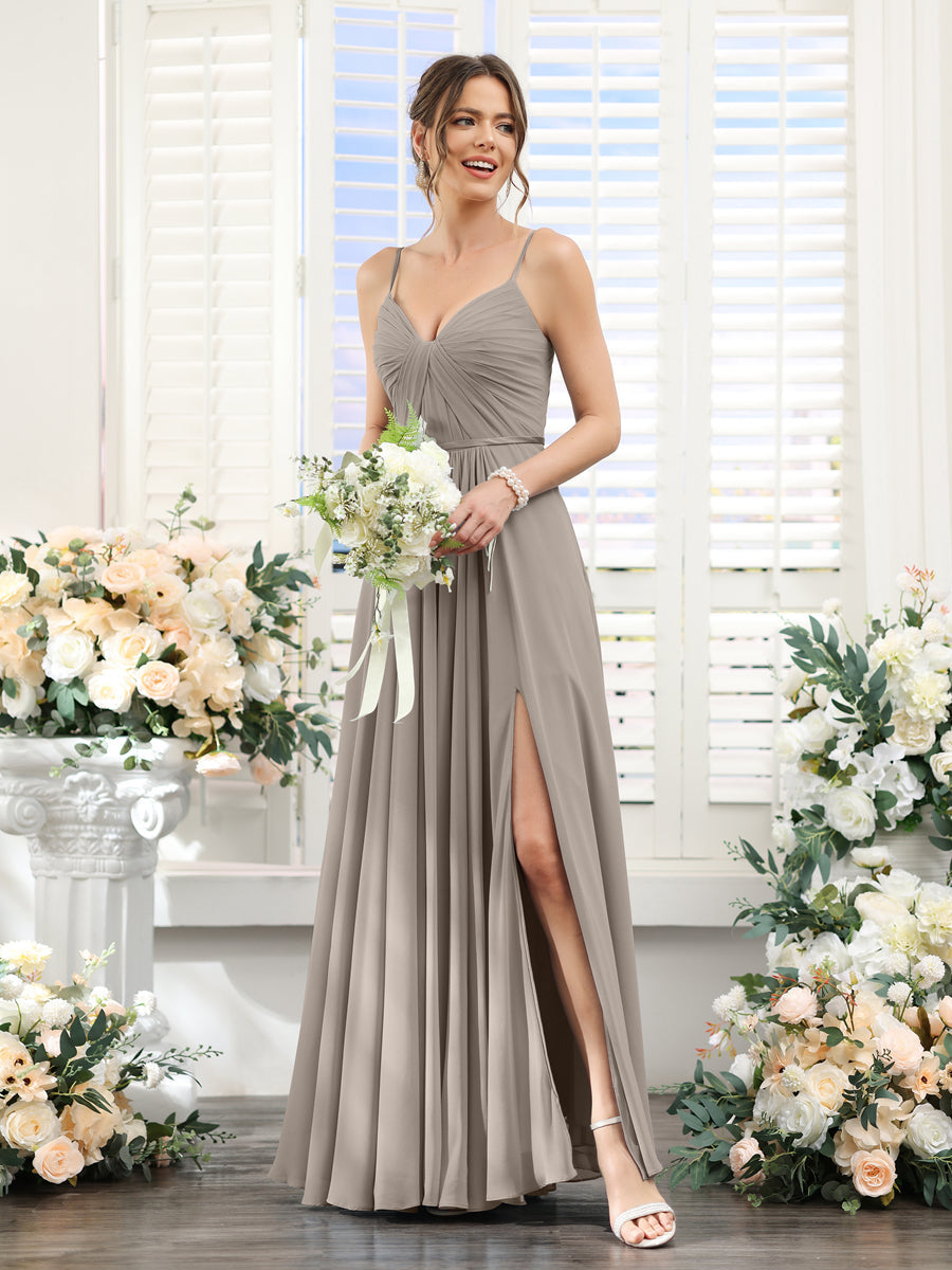A-Line Ruched V-Neck Spaghetti Straps Split Side Floor-Length Chiffon Bridesmaid Dresses Taupe