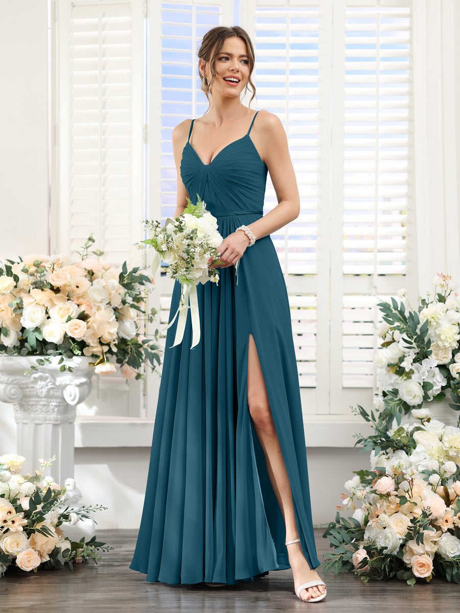 A-Line Ruched V-Neck Spaghetti Straps Split Side Floor-Length Chiffon Bridesmaid Dresses Teal