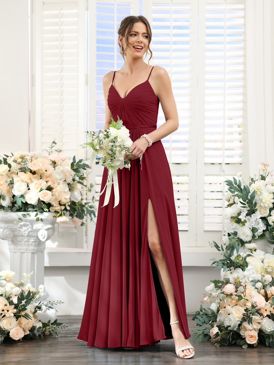 A-Line Ruched V-Neck Spaghetti Straps Split Side Floor-Length Chiffon Bridesmaid Dresses Wine Red