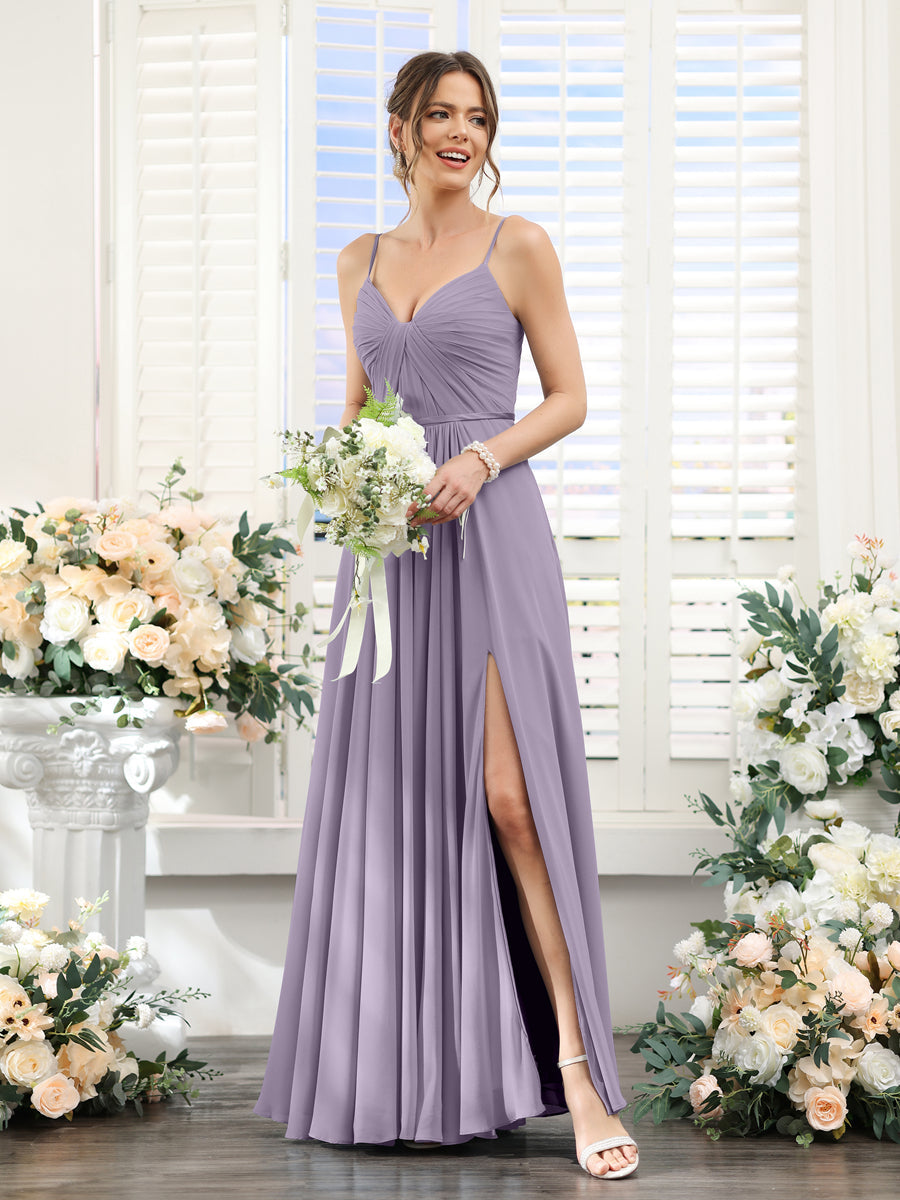 A-Line Ruched V-Neck Spaghetti Straps Split Side Floor-Length Chiffon Bridesmaid Dresses Wisteria