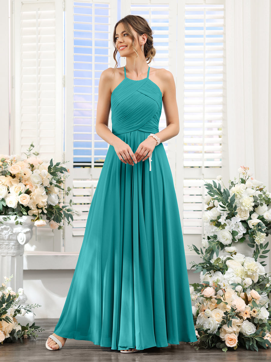 A-Line Halter Sleeveless Ruched Floor-Length Chiffon Bridesmaid Dresses Aqua Blue