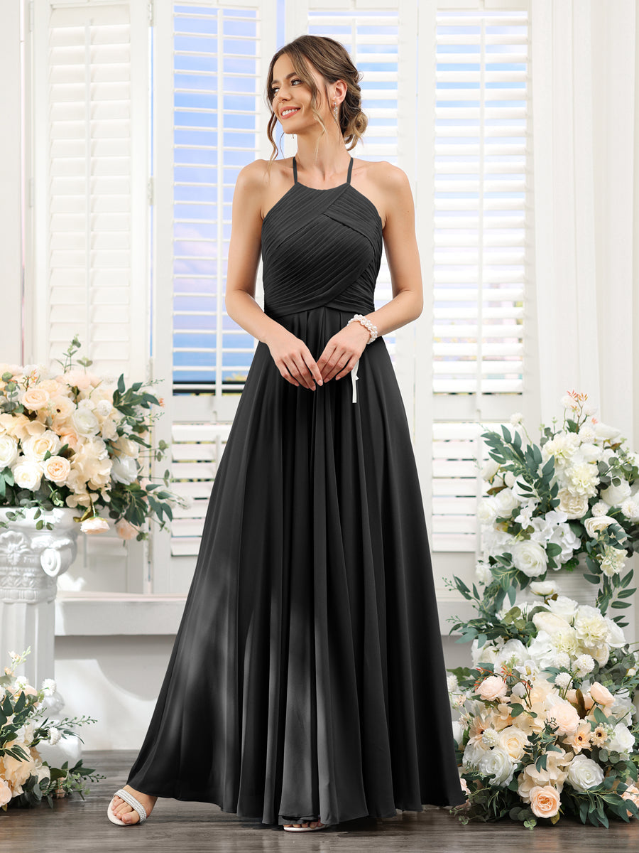 A-Line Halter Sleeveless Ruched Floor-Length Chiffon Bridesmaid Dresses Black