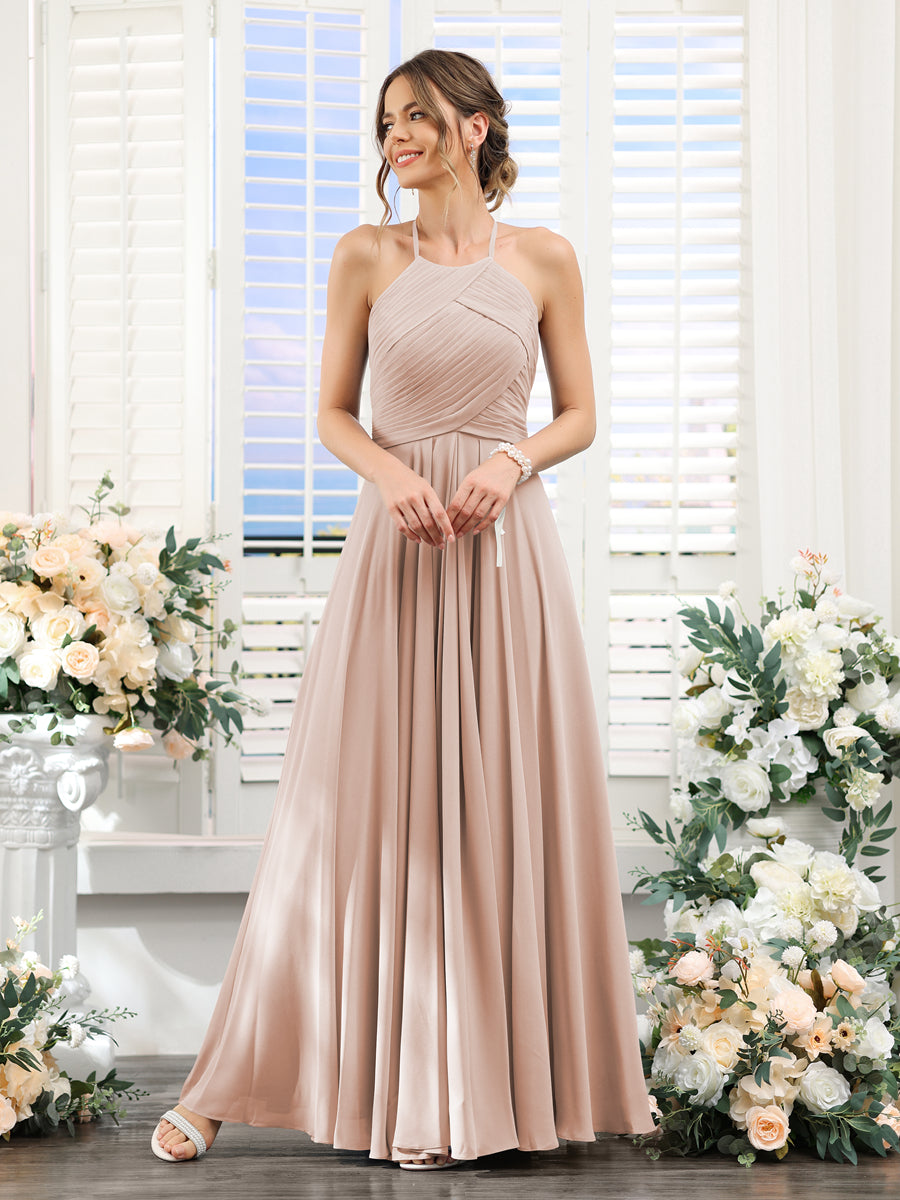 A-Line Halter Sleeveless Ruched Floor-Length Chiffon Bridesmaid Dresses Blush Pink