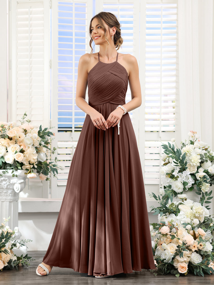 A-Line Halter Sleeveless Ruched Floor-Length Chiffon Bridesmaid Dresses Brown