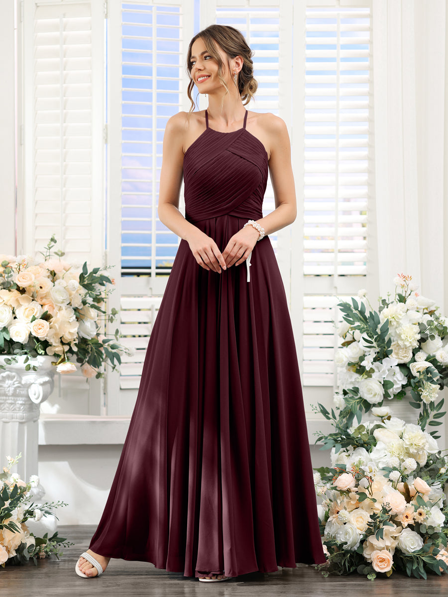 A-Line Halter Sleeveless Ruched Floor-Length Chiffon Bridesmaid Dresses Burgundy