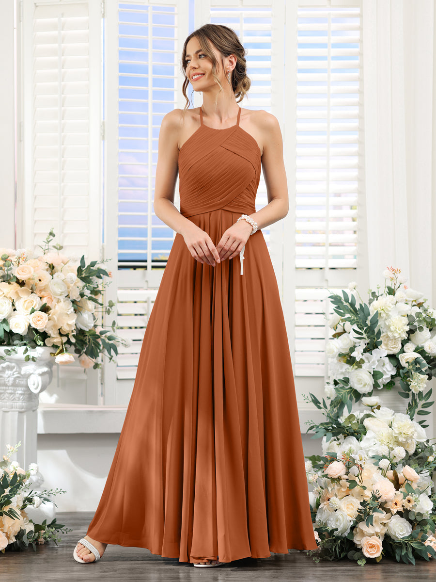 A-Line Halter Sleeveless Ruched Floor-Length Chiffon Bridesmaid Dresses Burnt Orange