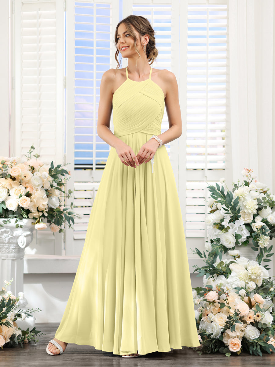 A-Line Halter Sleeveless Ruched Floor-Length Chiffon Bridesmaid Dresses Canary