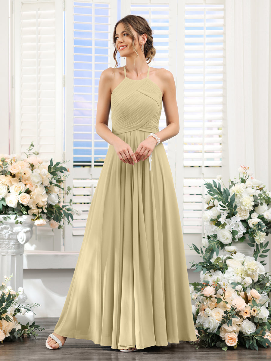 A-Line Halter Sleeveless Ruched Floor-Length Chiffon Bridesmaid Dresses Champagne