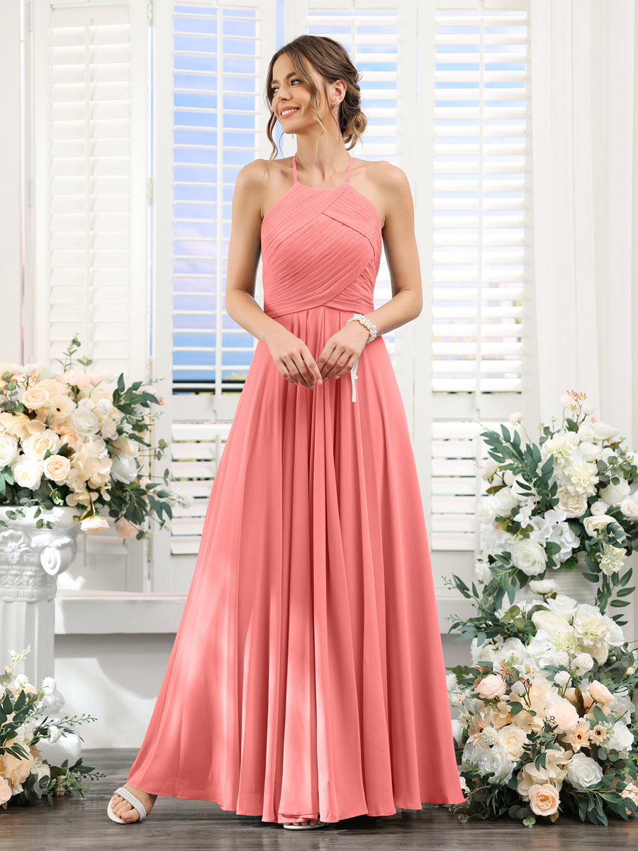 A-Line Halter Sleeveless Ruched Floor-Length Chiffon Bridesmaid Dresses Coral