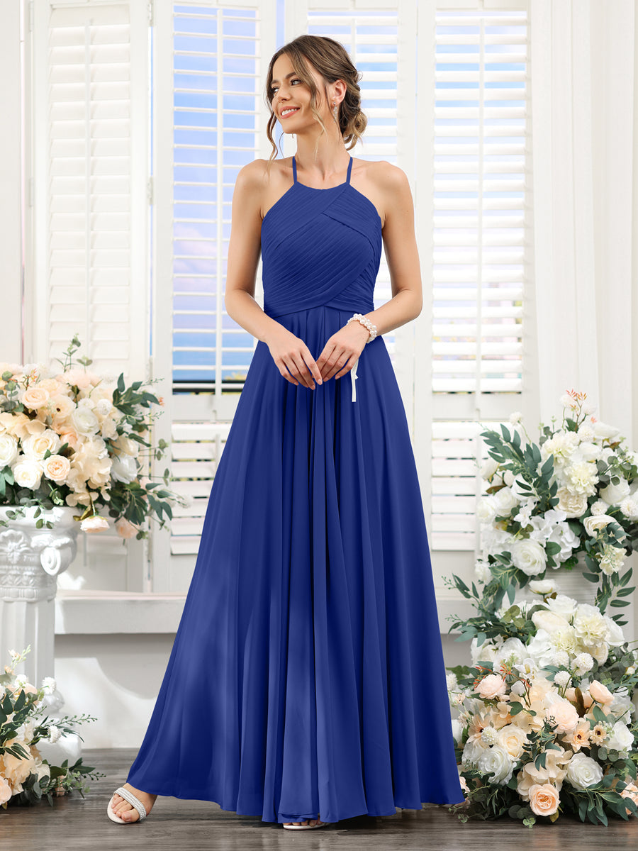 A-Line Halter Sleeveless Ruched Floor-Length Chiffon Bridesmaid Dresses Dark Royal Blue
