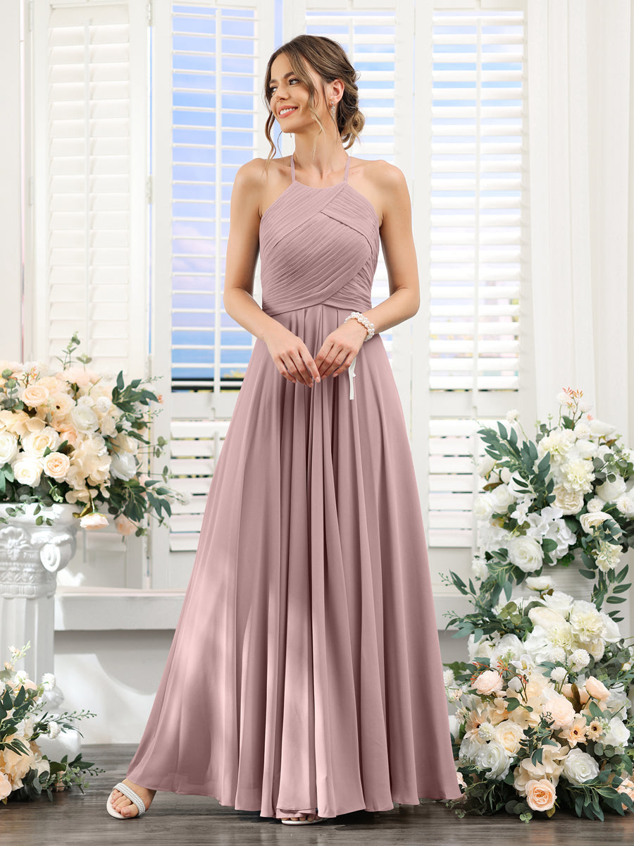 A-Line Halter Sleeveless Ruched Floor-Length Chiffon Bridesmaid Dresses Dusty Pink