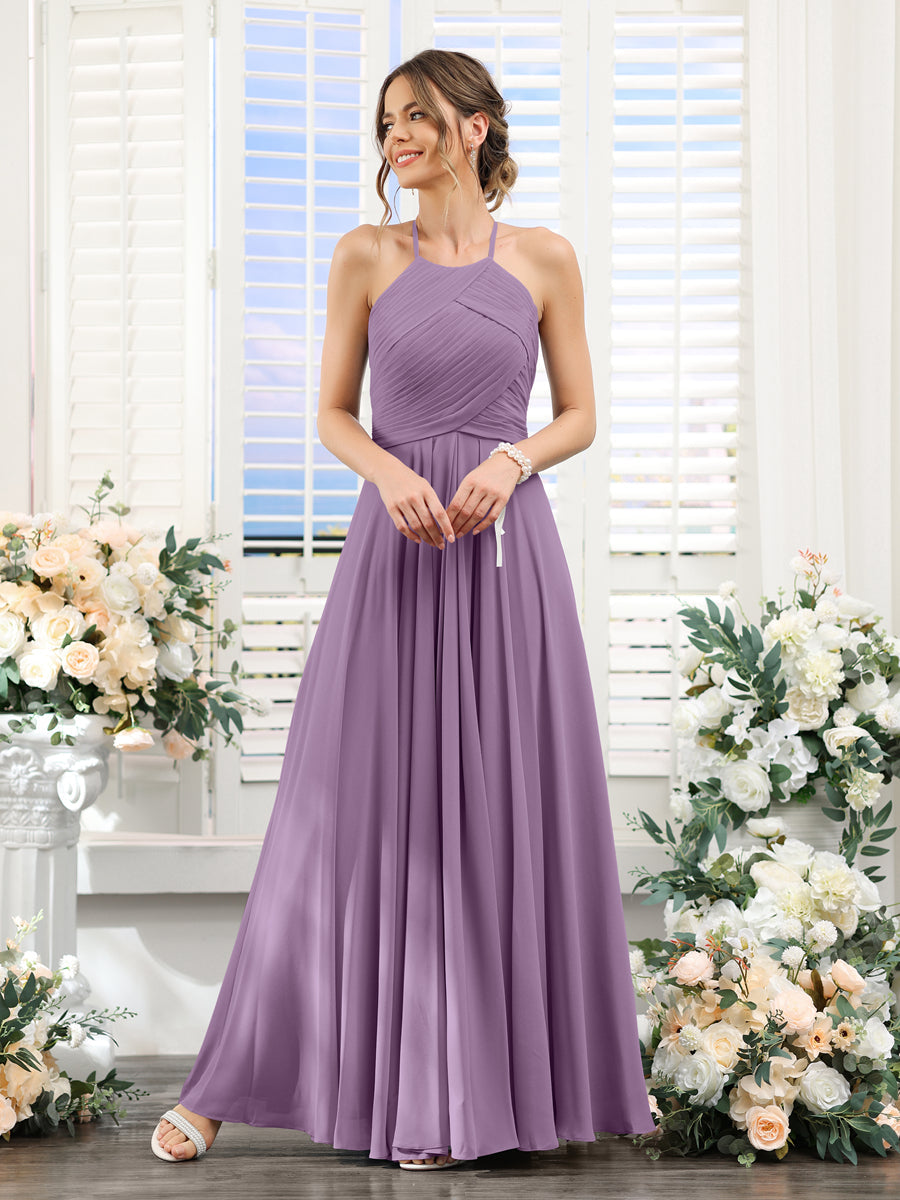 A-Line Halter Sleeveless Ruched Floor-Length Chiffon Bridesmaid Dresses Dusty Purple