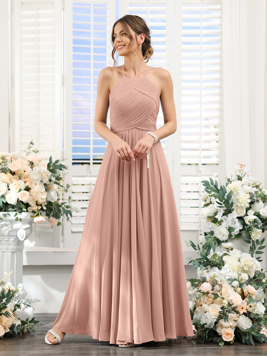 A-Line Halter Sleeveless Ruched Floor-Length Chiffon Bridesmaid Dresses Dusty Rose