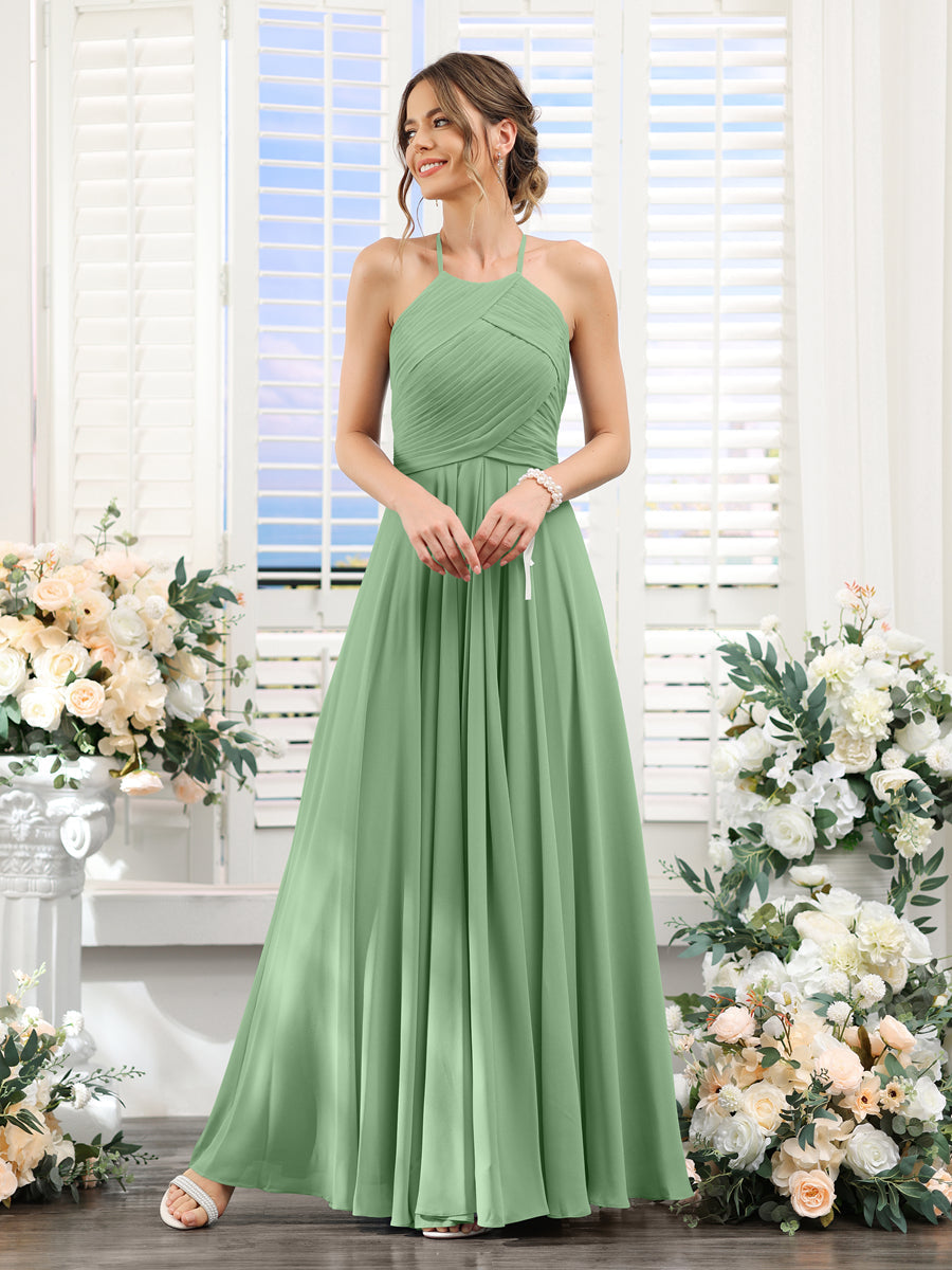 A-Line Halter Sleeveless Ruched Floor-Length Chiffon Bridesmaid Dresses Dusty Sage