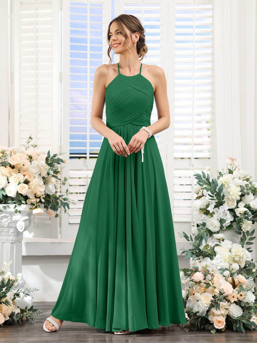 A-Line Halter Sleeveless Ruched Floor-Length Chiffon Bridesmaid Dresses Emerald
