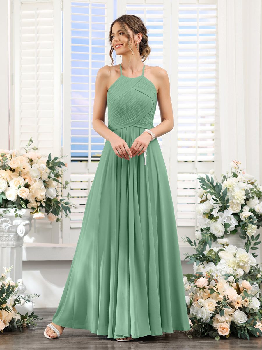 A-Line Halter Sleeveless Ruched Floor-Length Chiffon Bridesmaid Dresses Eucalyptus