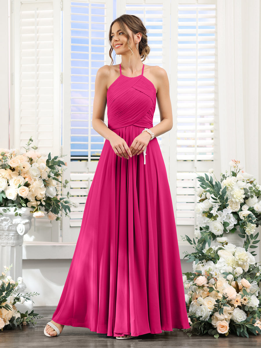 A-Line Halter Sleeveless Ruched Floor-Length Chiffon Bridesmaid Dresses Fuchsia Pink