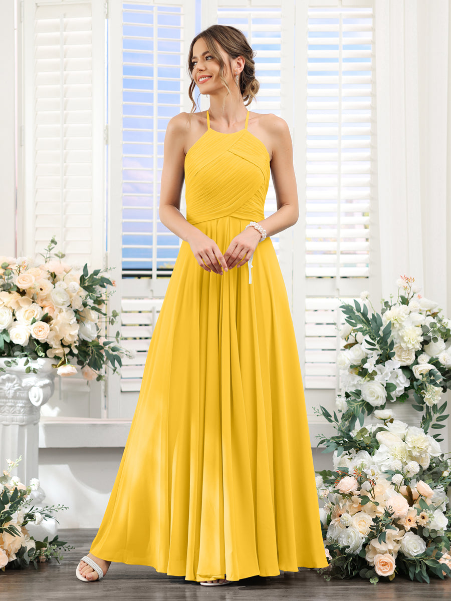 A-Line Halter Sleeveless Ruched Floor-Length Chiffon Bridesmaid Dresses Gold