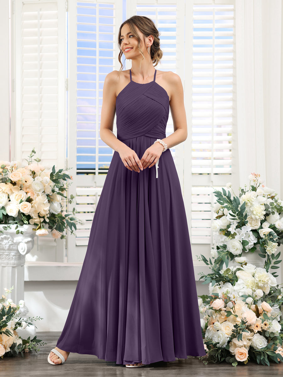 A-Line Halter Sleeveless Ruched Floor-Length Chiffon Bridesmaid Dresses Grape