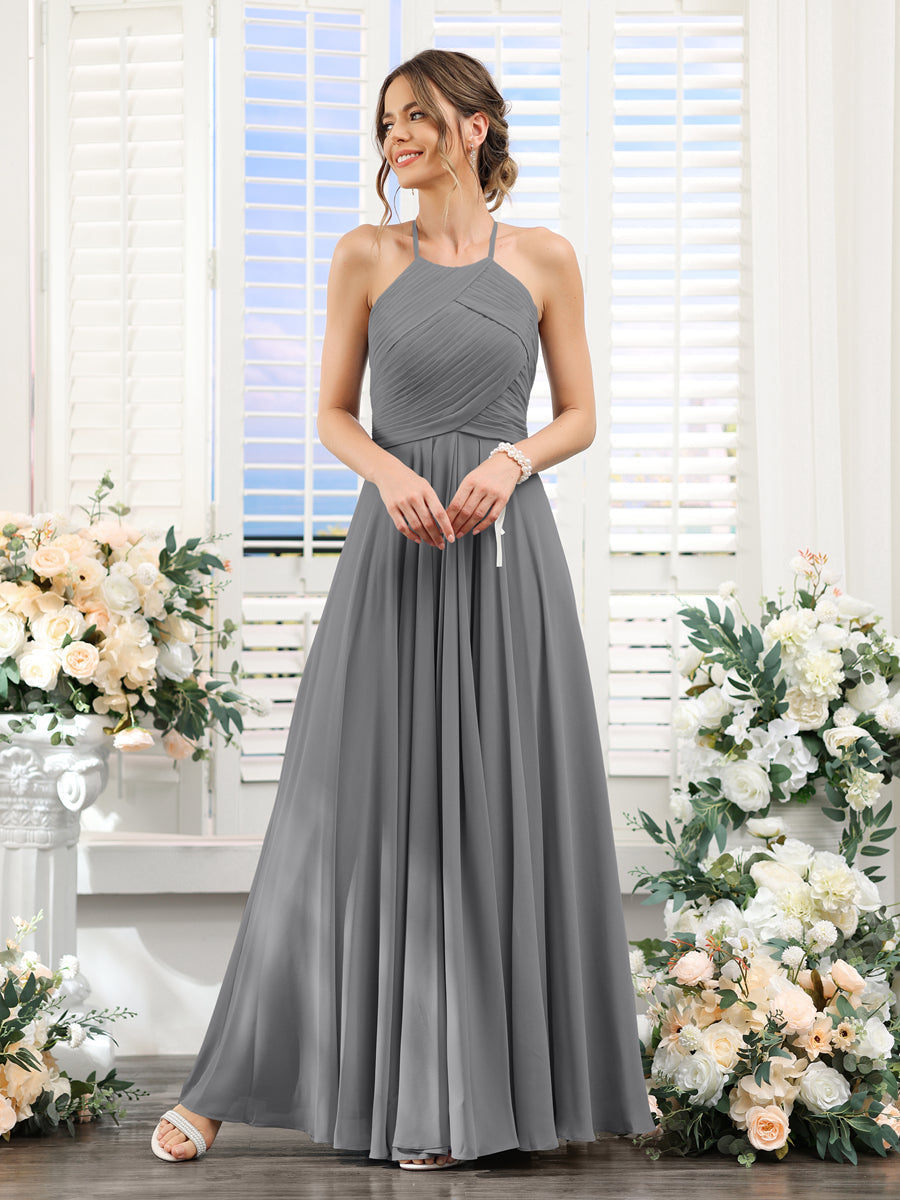 A-Line Halter Sleeveless Ruched Floor-Length Chiffon Bridesmaid Dresses Gray