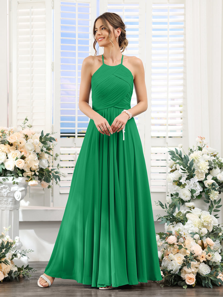 A-Line Halter Sleeveless Ruched Floor-Length Chiffon Bridesmaid Dresses Green