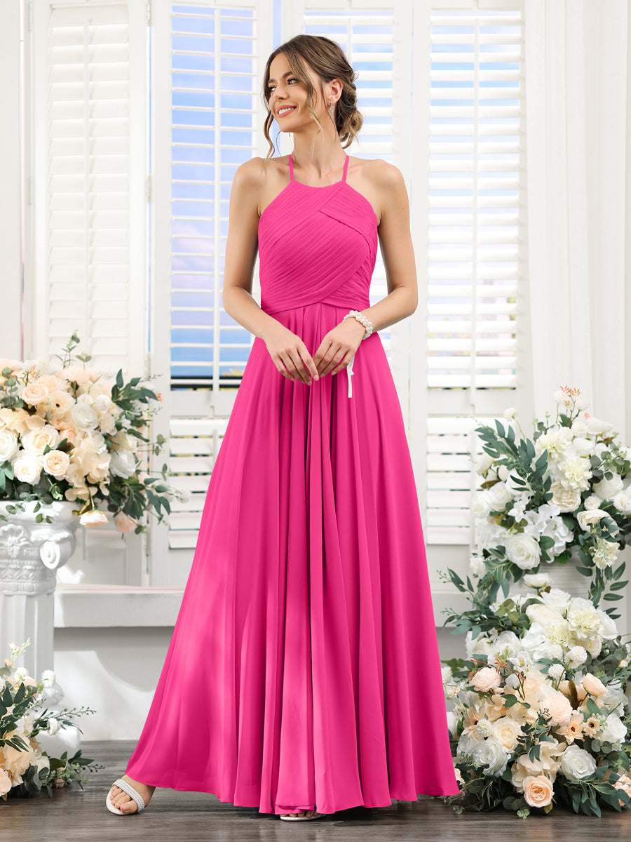 A-Line Halter Sleeveless Ruched Floor-Length Chiffon Bridesmaid Dresses Hot Pink