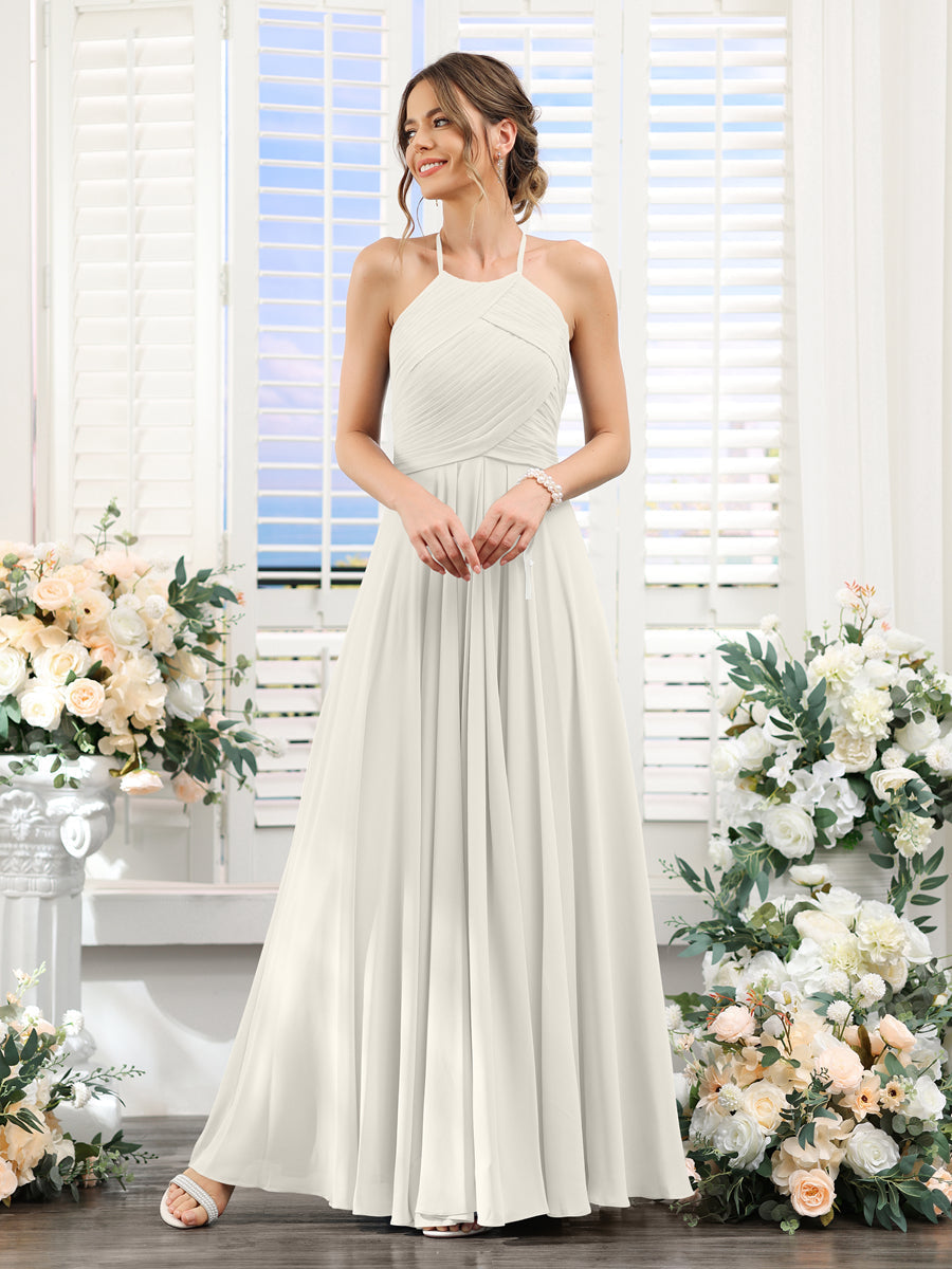 A-Line Halter Sleeveless Ruched Floor-Length Chiffon Bridesmaid Dresses Ivory