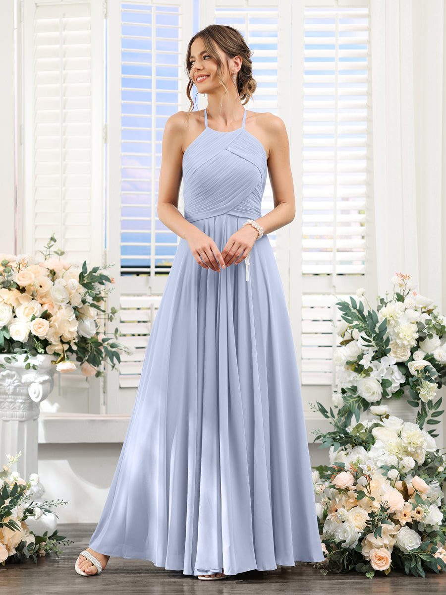 A-Line Halter Sleeveless Ruched Floor-Length Chiffon Bridesmaid Dresses Lavender