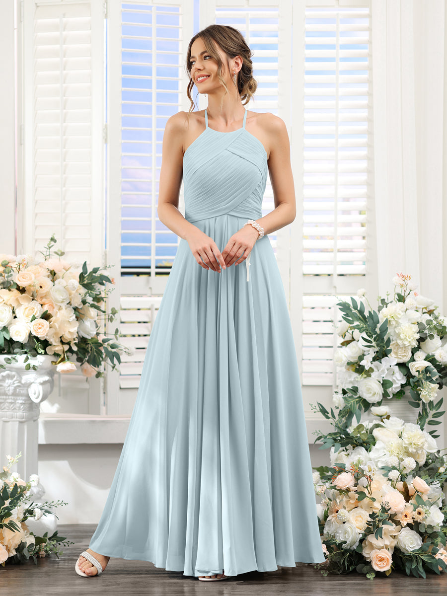 A-Line Halter Sleeveless Ruched Floor-Length Chiffon Bridesmaid Dresses Light Blue