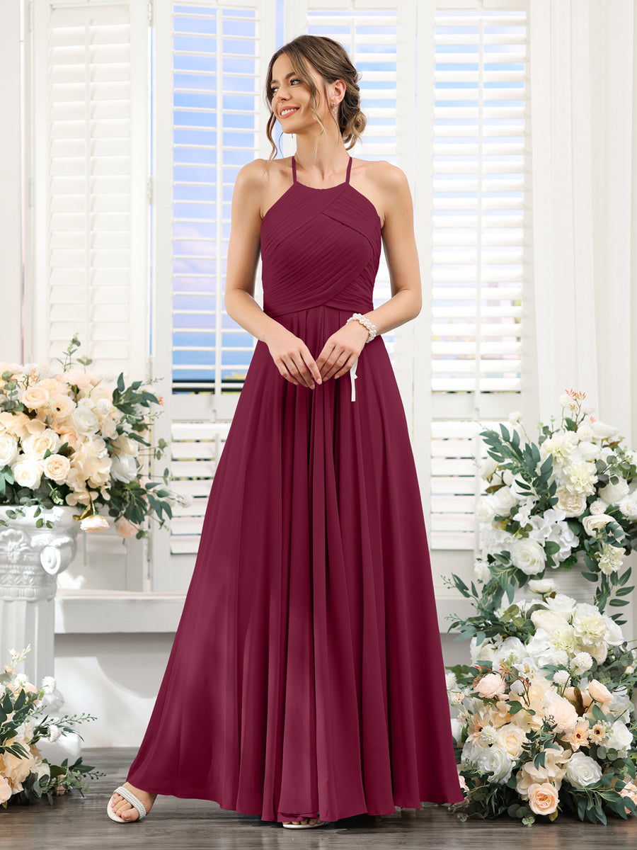 A-Line Halter Sleeveless Ruched Floor-Length Chiffon Bridesmaid Dresses Light Burgundy