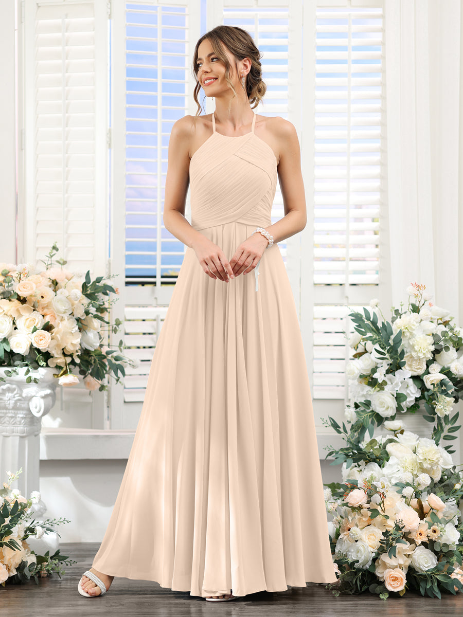 A-Line Halter Sleeveless Ruched Floor-Length Chiffon Bridesmaid Dresses Light Champagne
