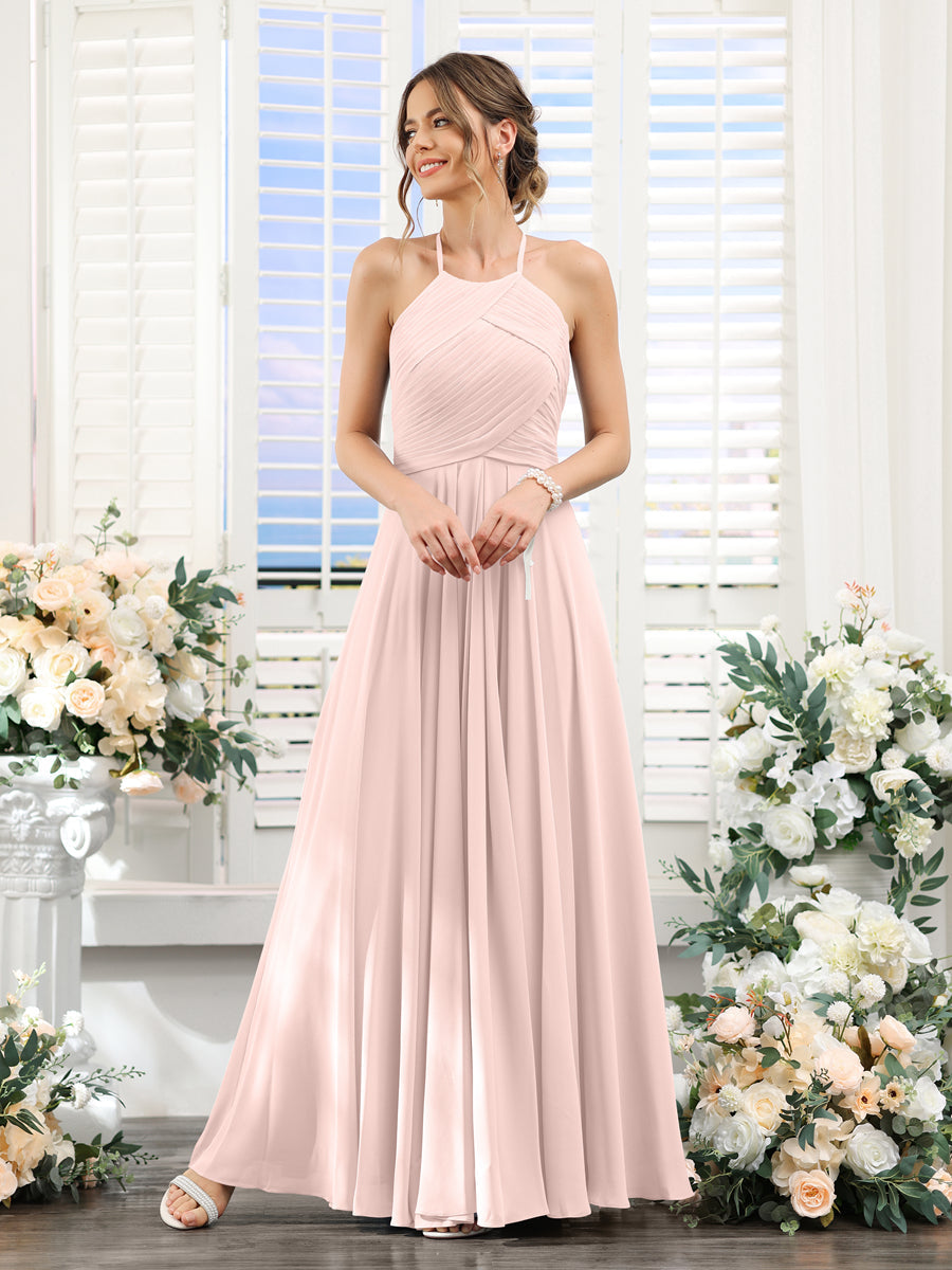 A-Line Halter Sleeveless Ruched Floor-Length Chiffon Bridesmaid Dresses Light Pink