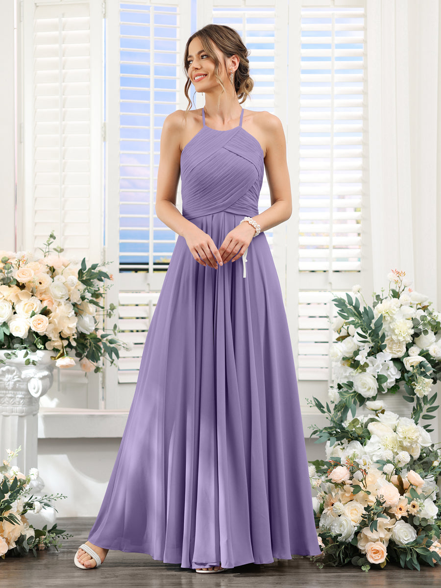 A-Line Halter Sleeveless Ruched Floor-Length Chiffon Bridesmaid Dresses Light Purple